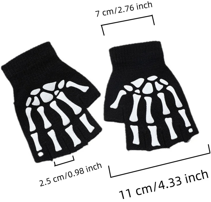 Luminous Skeleton Half Finger Gloves for Halloween Costume Black Knitted Fingerless Gloves Skull Accessory