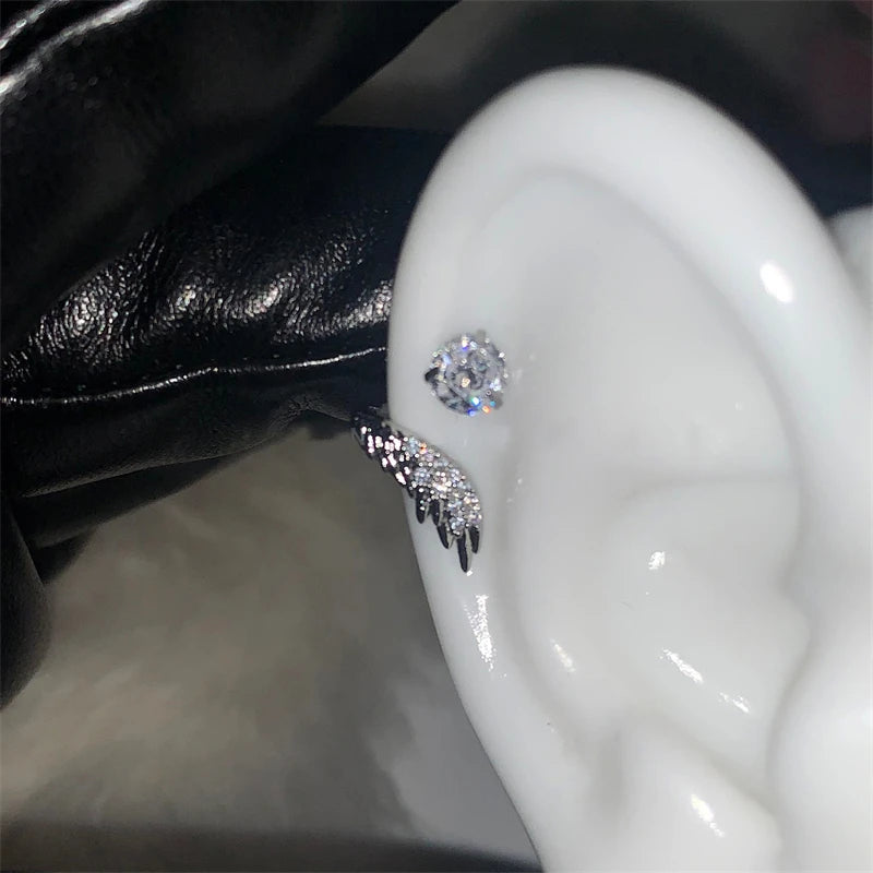 Silver Wing Ear Bone Nail Earrings for Women Rhinestone Ear Accessories
