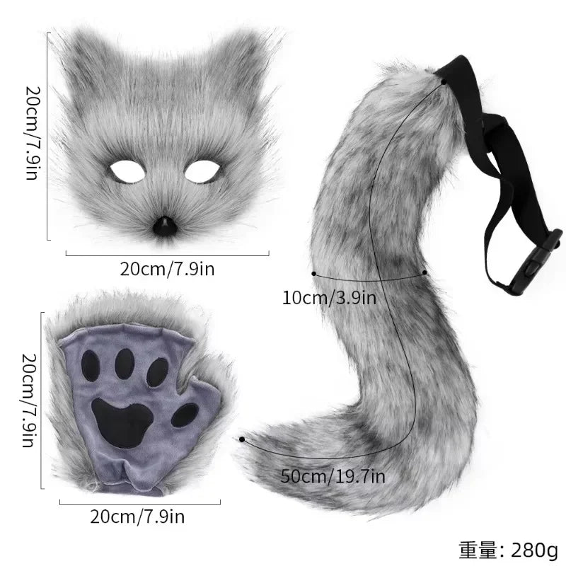 Fox Half Face Mask with Tail and Gloves Costume Set for Halloween Cosplay