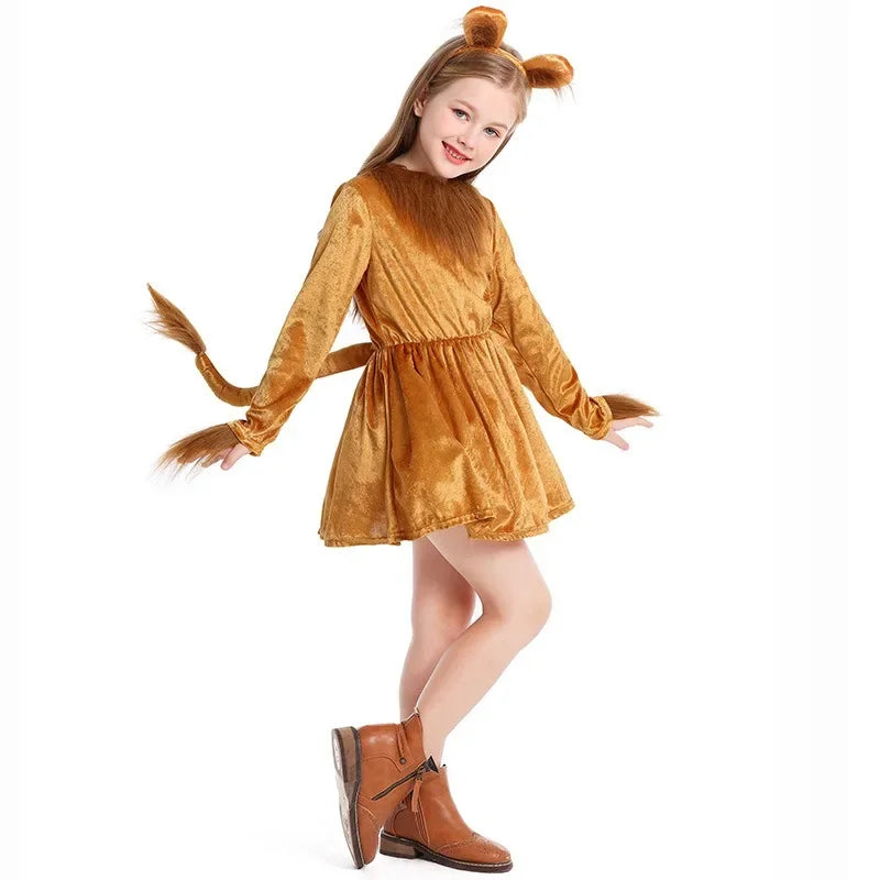 Girls Lioness Halloween Costume Jungle Safari Outfit with Headband - Animal Cosplay