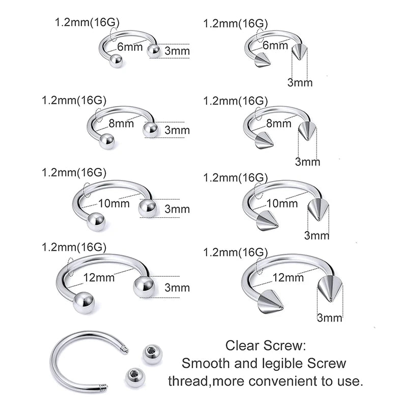 Septum & Cartilage Hoop Piercing Jewelry Set - Stainless Steel Horseshoe Rings