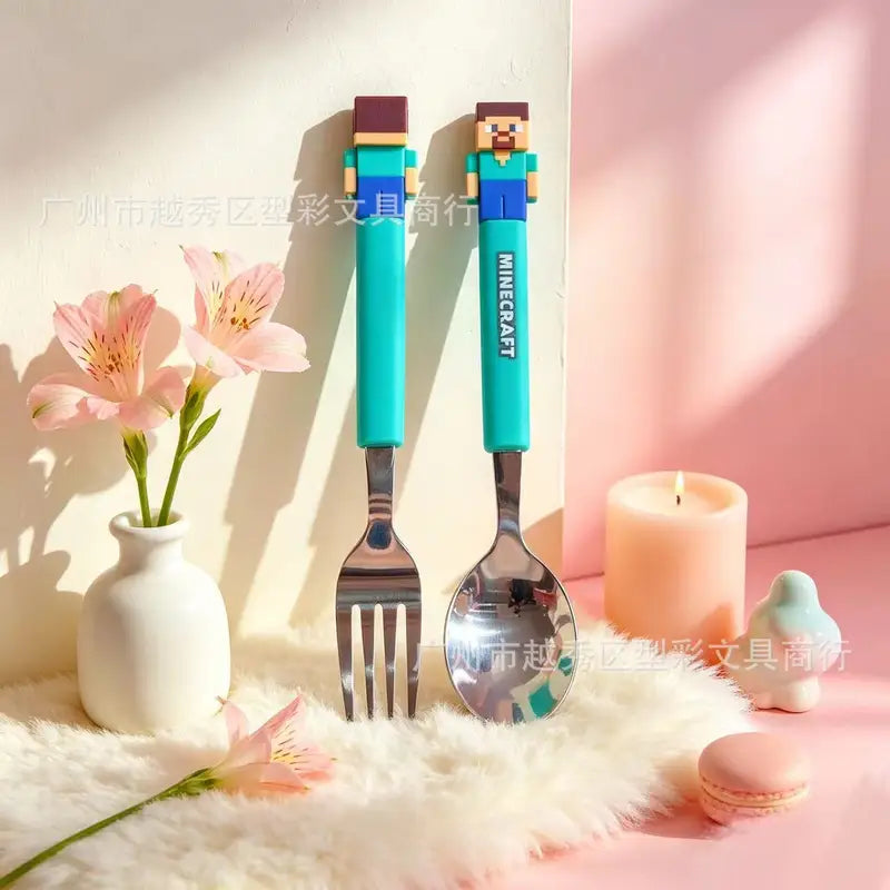 Kids Funny Fork and Spoon Set - ABS Handle Stainless Steel Tableware, 2-Piece Kids Gift Set