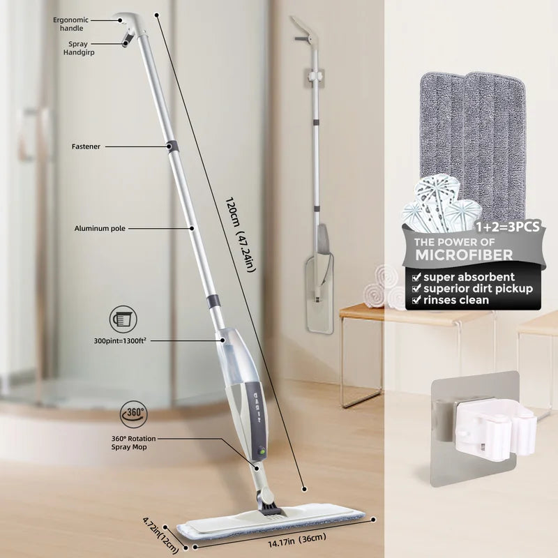 Spray Floor Mop with Reusable Microfiber Pads 360° Handle for Home & Kitchen Cleaning
