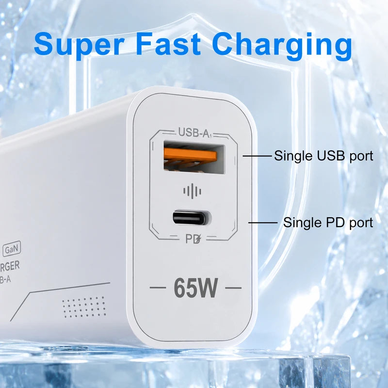 GaN Fast Charging 65W USB-C Wall Charger EU KR US PD 3.0 Quick Charge for Smartphones