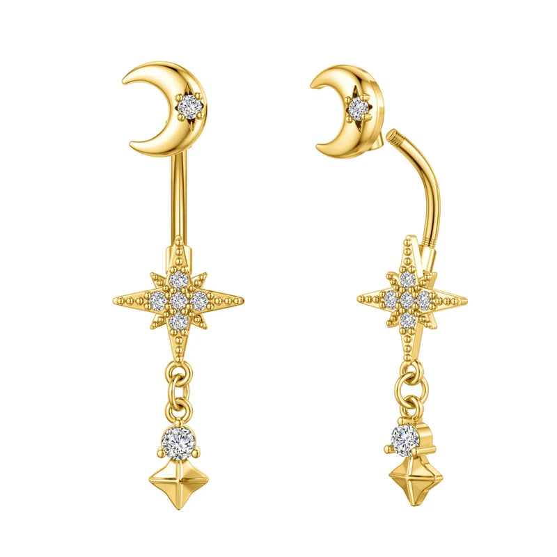 Moon & Star Belly Piercing Jewelry 14G Curved Navel Ring for Women Girls