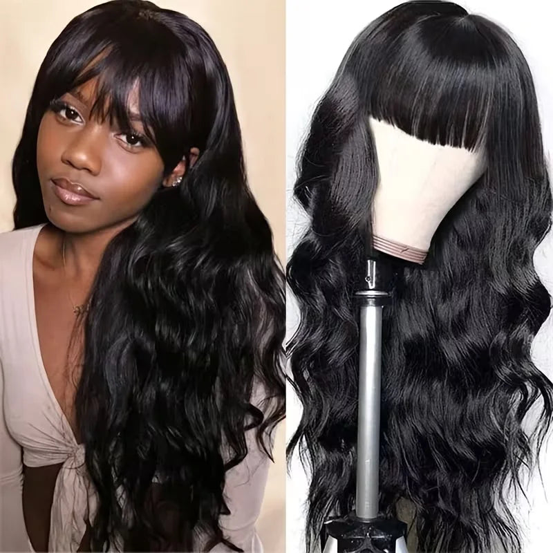 Body Wave Human Hair Wigs with Bangs - Full Machine Made Lace Wig, Brazilian Natural Color