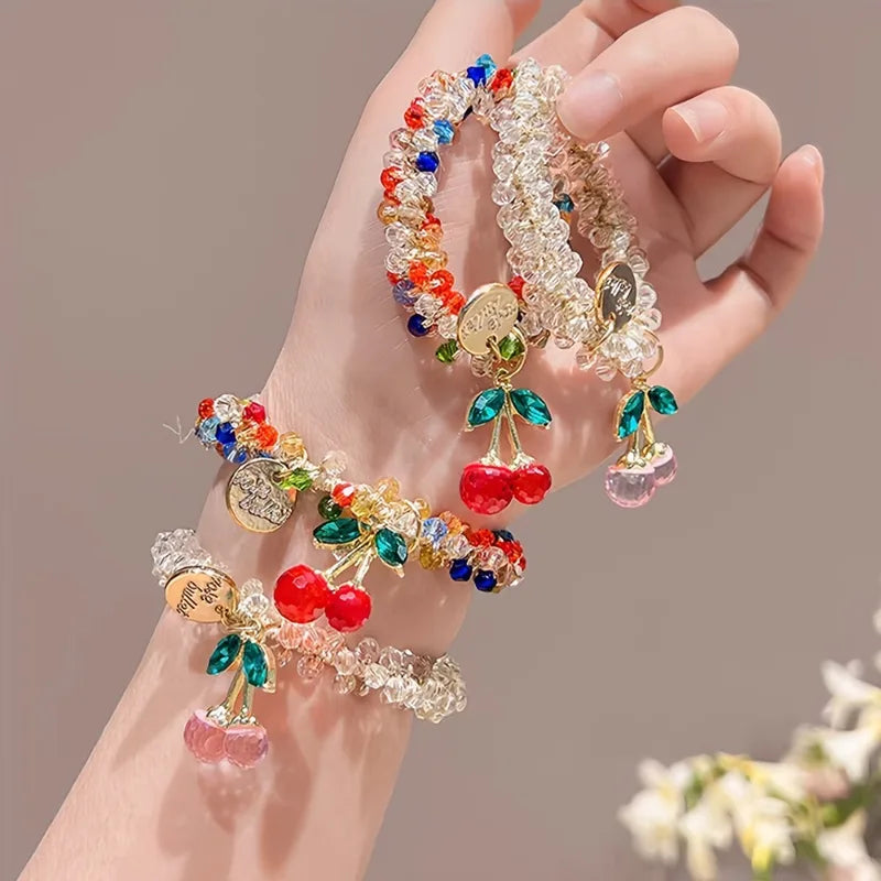 Colorful Crystal Cherry Hair Rope & Headband Set - Elastic Hair Accessories for Women