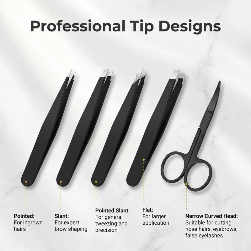 5-Piece Stainless Steel Eyebrow & Lash Tweezers Set Professional Hair Removal Tools