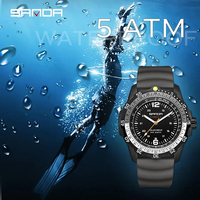 Luxury Men's Solar-Powered Watch with Luminous Hands Waterproof Sport Wristwatch