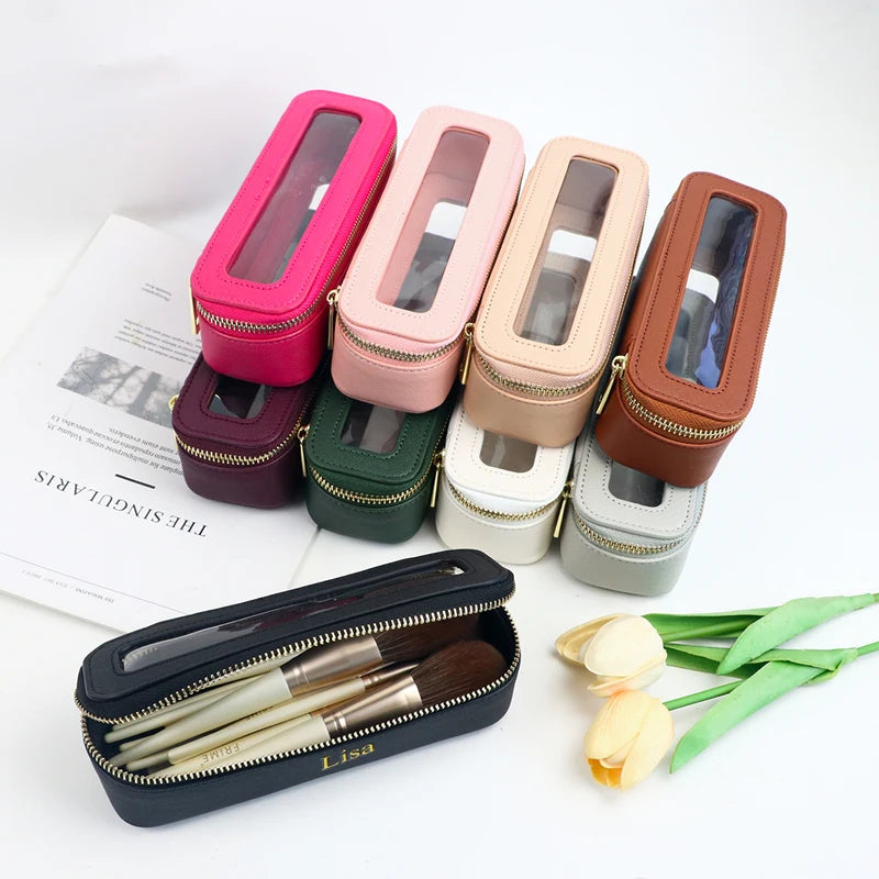Customized PU Leather Transparent Makeup Brush Bag Portable Storage Organizer