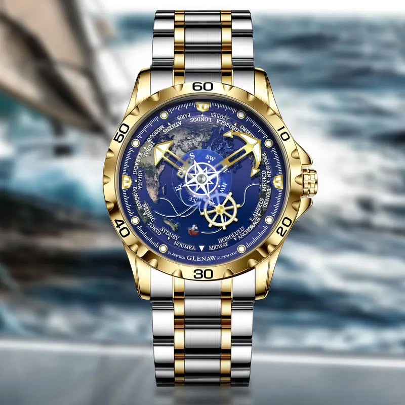 Automatic Mechanical Watch with Globe Dial for Men - Gold, Silver & Black Variants