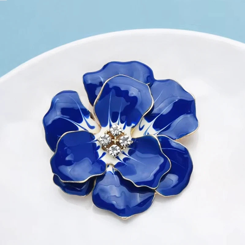 Big Blue Enamel Flower Brooch Pin Jewelry Gift Rose Badge - Gold Color