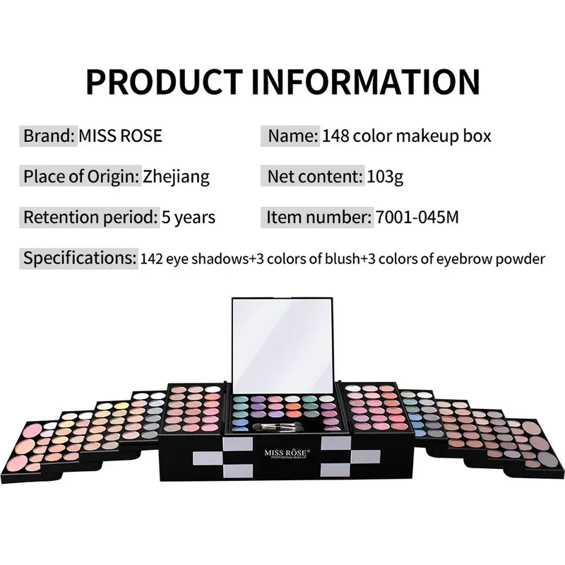 Makeup Case Set with 148 Colors Eyeshadow Palette and Lip Gloss - Portable Holiday Gift Kit