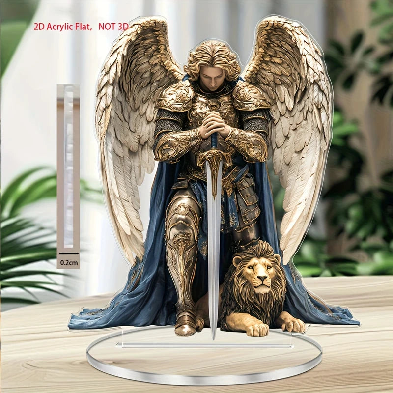 2D Angel Acrylic Tabletop Ornament Religious Angel Decor with Gold Armor and Blue Cape