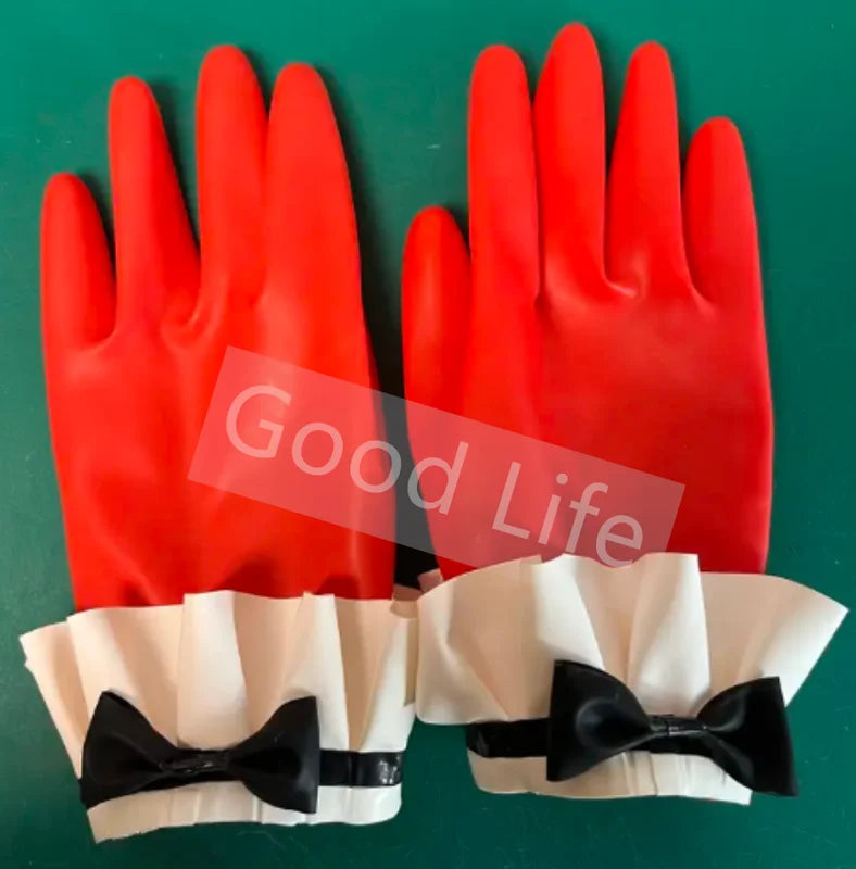 Black Latex Short Gloves with Bow - Handmade Rubber Costume Accessories