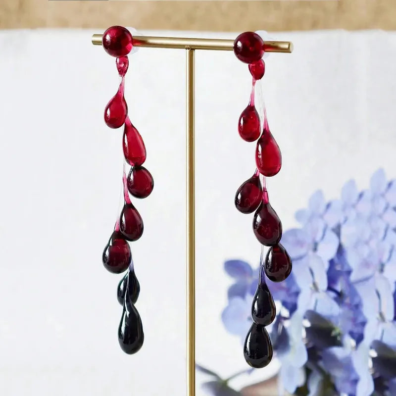 Gothic Blood Drop Tassel Earrings - Red Water Drop Resin Jewelry for Women Halloween