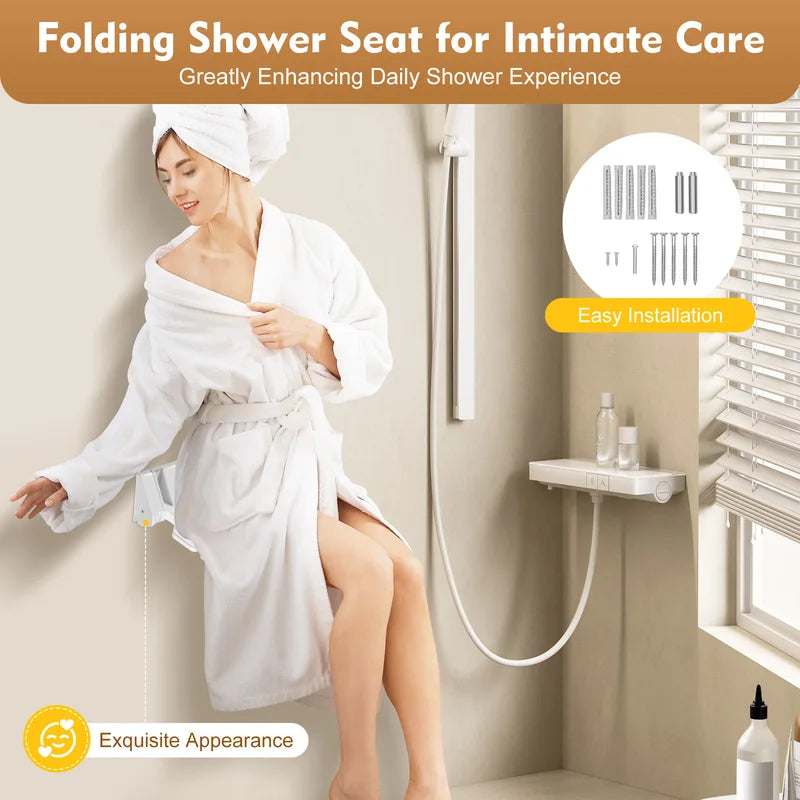 Wall Mounted Folding Shower Seat - Non-Slip Bathroom Wall Stool, Supports 130kg