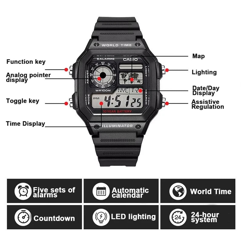 Men's Digital Watch with World Map, 100M Water Resistance, Multi Alarms
