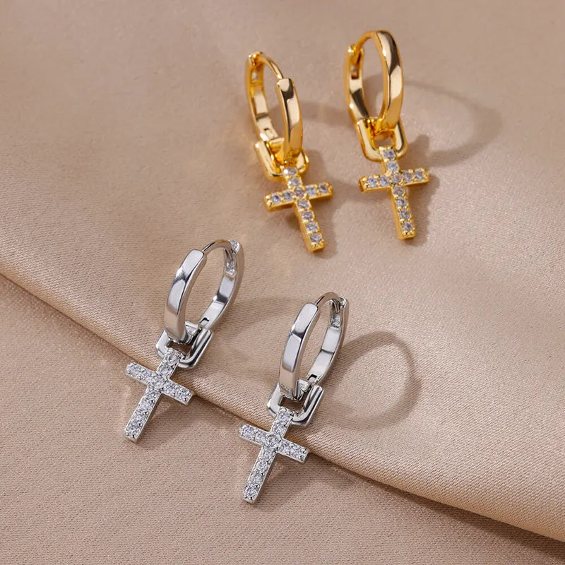 Gold Color Zircon Cross Drop Earrings for Women - Luxury Stainless Steel Jewelry
