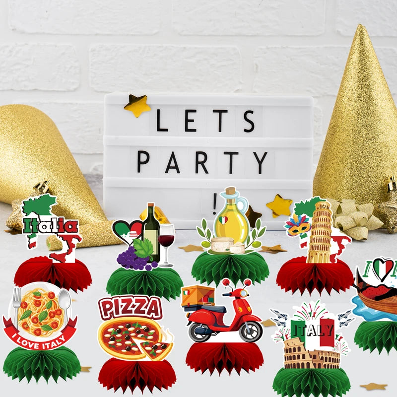 9PCS Italian Party Honeycomb Centerpieces Decor Flags - Red White Green Carnevale Di Venezia Birthday