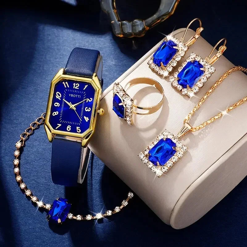 Luxury Women's Square Watch with Blue Leather Band - Classic Quartz Femininine Wristwatch
