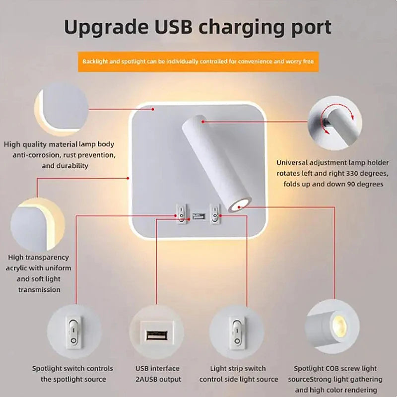 Nordic Modern LED Wall Lamp with Switch & USB for Bedroom Living Room