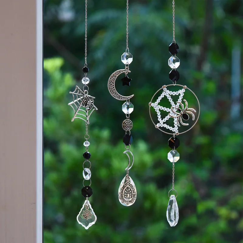 3pcs Gothic Spider Web Wind Chimes with Crystals Wall Decor for Halloween and Home Garden