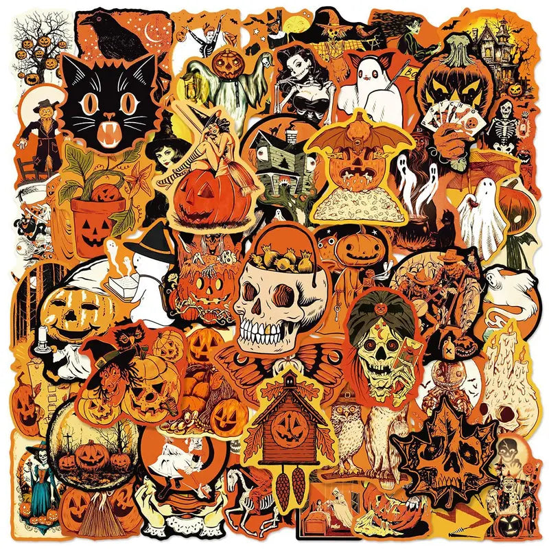 50PCS Halloween Decorative Water Bottle Stickers Waterproof Pumpkin Monster Graffiti