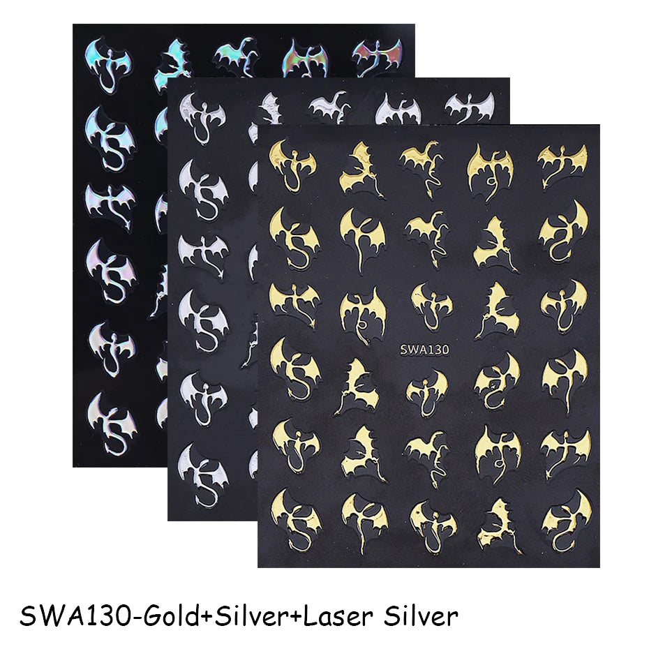3pcs Metallic Flying Dragon Nail Stickers Halloween Nail Art Decals Gold Silver