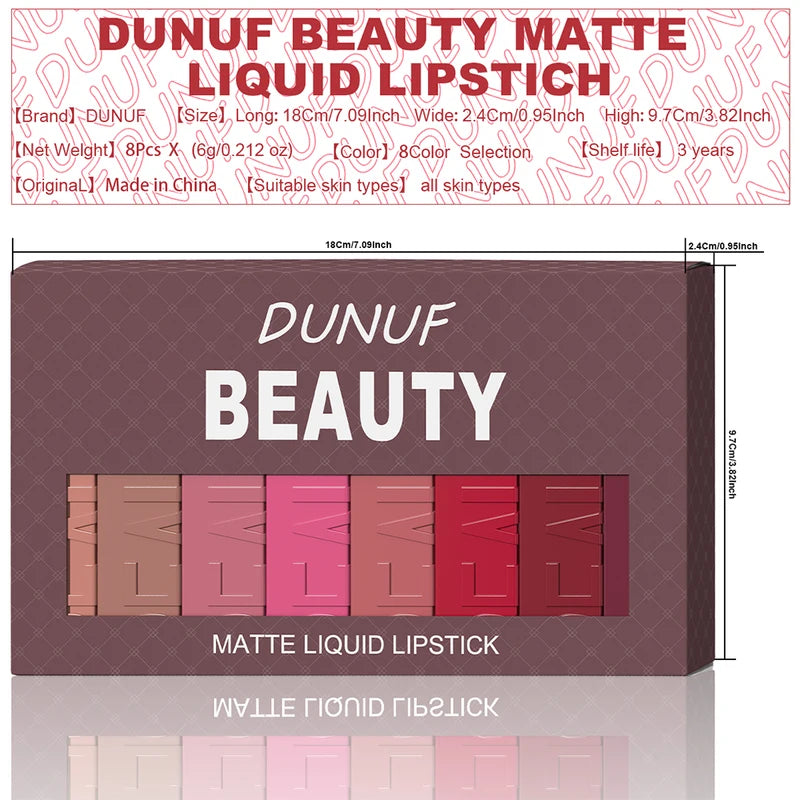 Matte Lip Gloss 8pc Set Waterproof Long Lasting Lipstick Non-Stick Cup Nude
