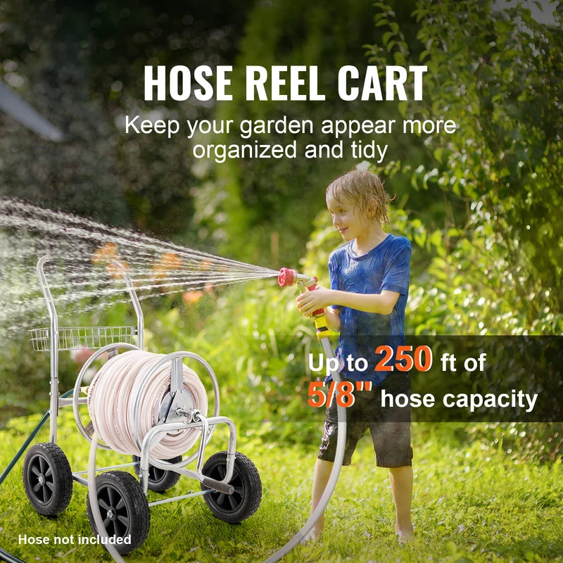 Heavy Duty Garden Hose Reel Cart 250ft with Steel Frame & Basket