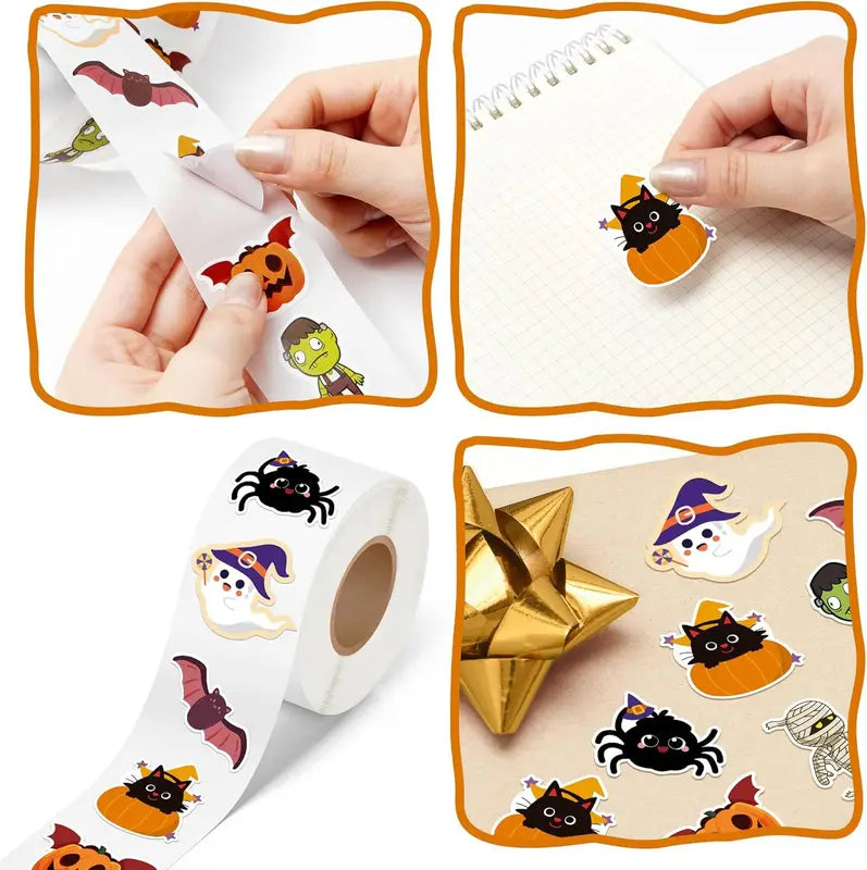 500pcs Halloween Sticker Roll Set - Funny Pumpkin Ghost Skull Spider Bat Labels for DIY Crafts