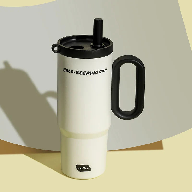 750ML Stainless Steel Vacuum Insulated Water Bottle with Straw & Handle - Outdoor Travel Coffee Cup