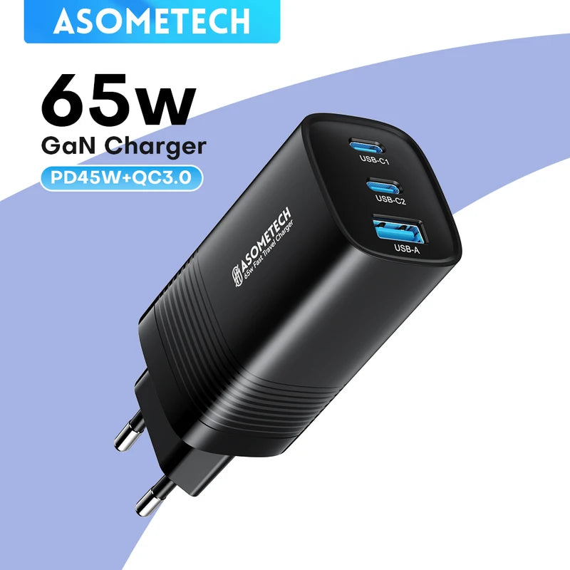 65W GaN USB-C Charger Fast Power Adapter PPS PD QC 3.0 for Smartphones & Laptops