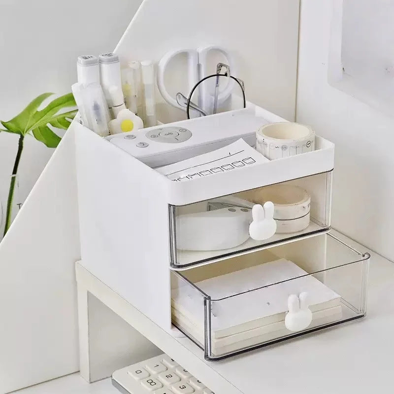 Transparent Drawer Storage Box with Sliding Drawers and Top Compartment for Office and Cosmetics Organization