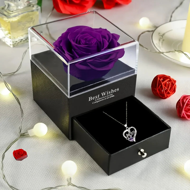 Luxury Soap Rose Gift Box with Purple Rose & Heart Pendant Necklace - Mother's Day Anniversary Gift for Mom