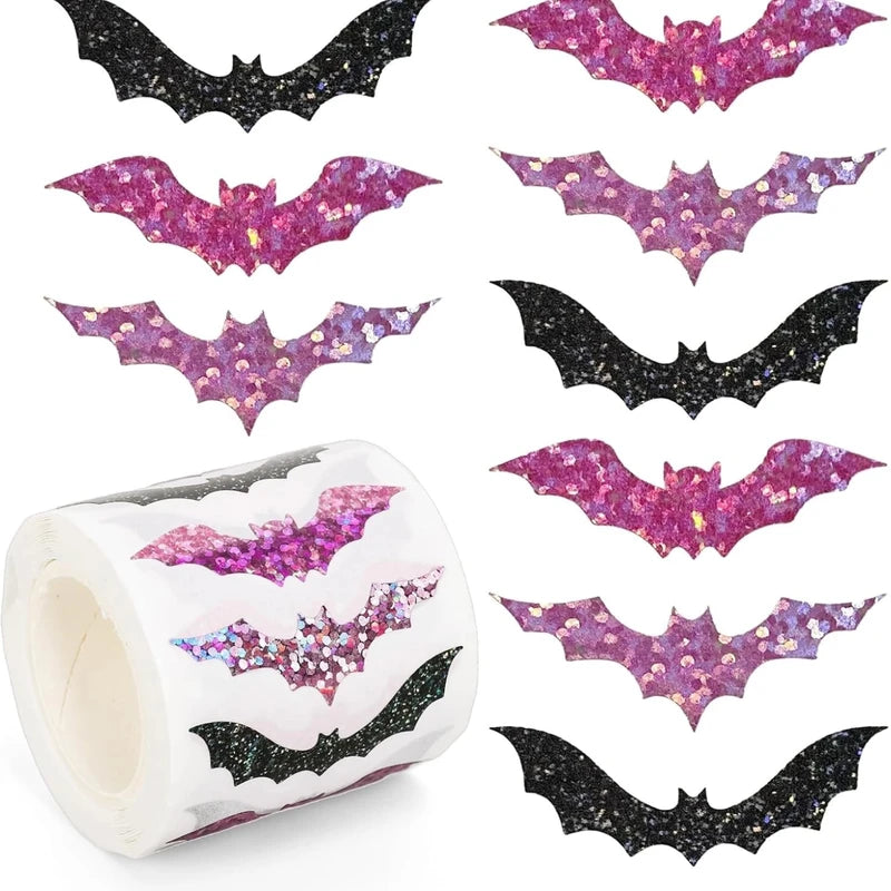 500pcs Halloween Bat Stickers Roll Waterproof Laser Black 3D Glitter Self-Adhesive Decorations