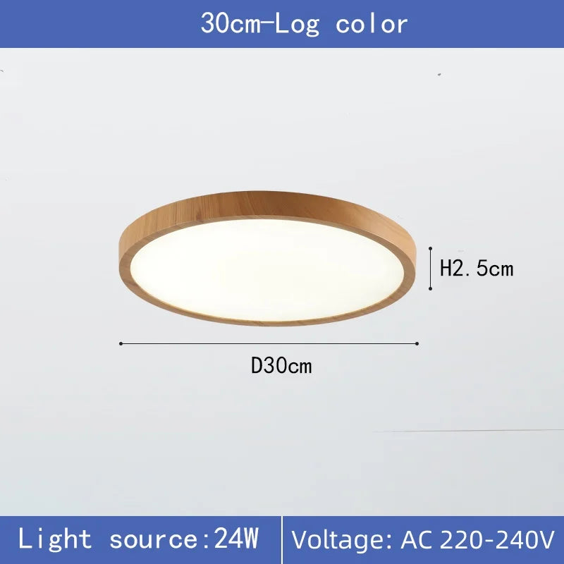 Ultrathin Circular LED Ceiling Light with Wood Grain Finish - Modern Bedroom Living Room Fixture