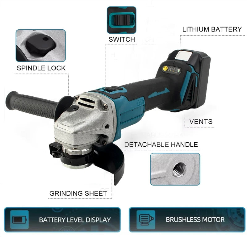 125mm Brushless Cordless Angle Grinder with Variable Speed for Makita 18V Battery