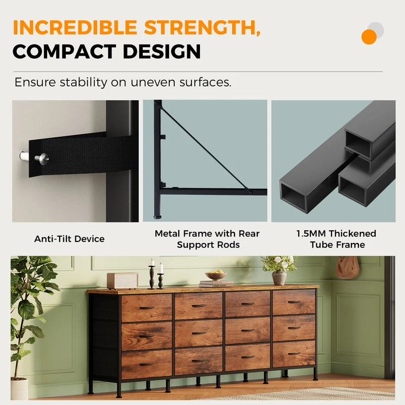 Fabric Cabinet with 12 Drawers for Living Room Bedroom Storage - Large TV Console