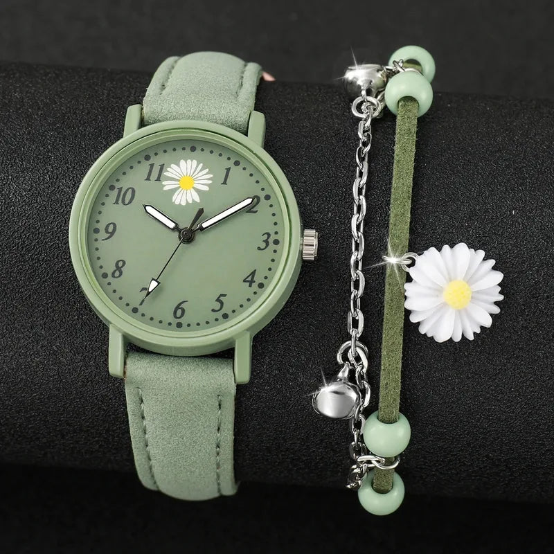 Women’s Fashion Quartz Watch and Bracelet Set with Leather Strap - Multiple Colors