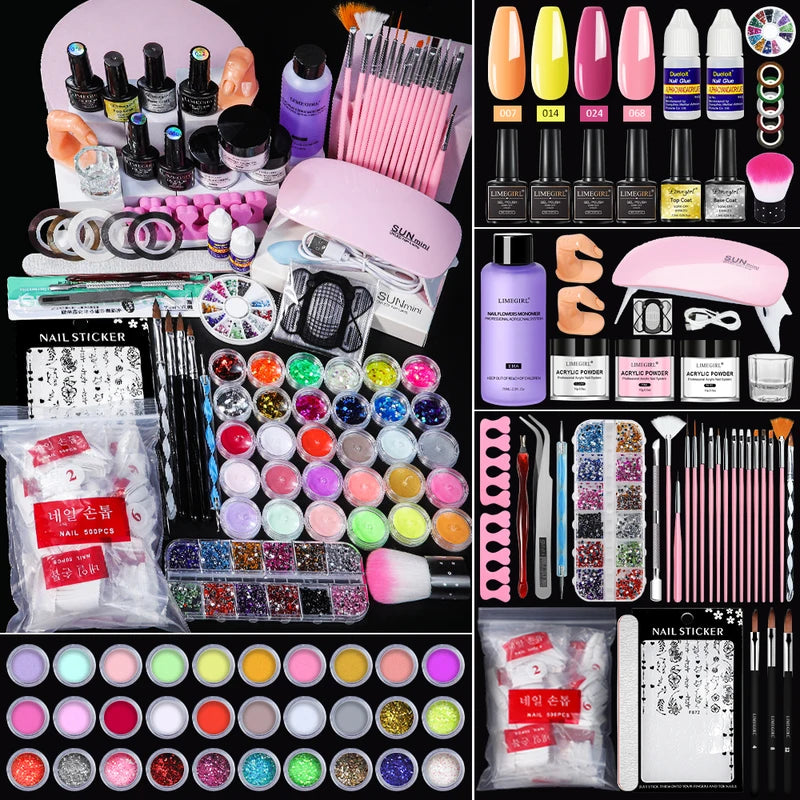 Professional Manicure Set with Acrylic & Glitter Powders Nail Kit with Liquid and Crystal Decor