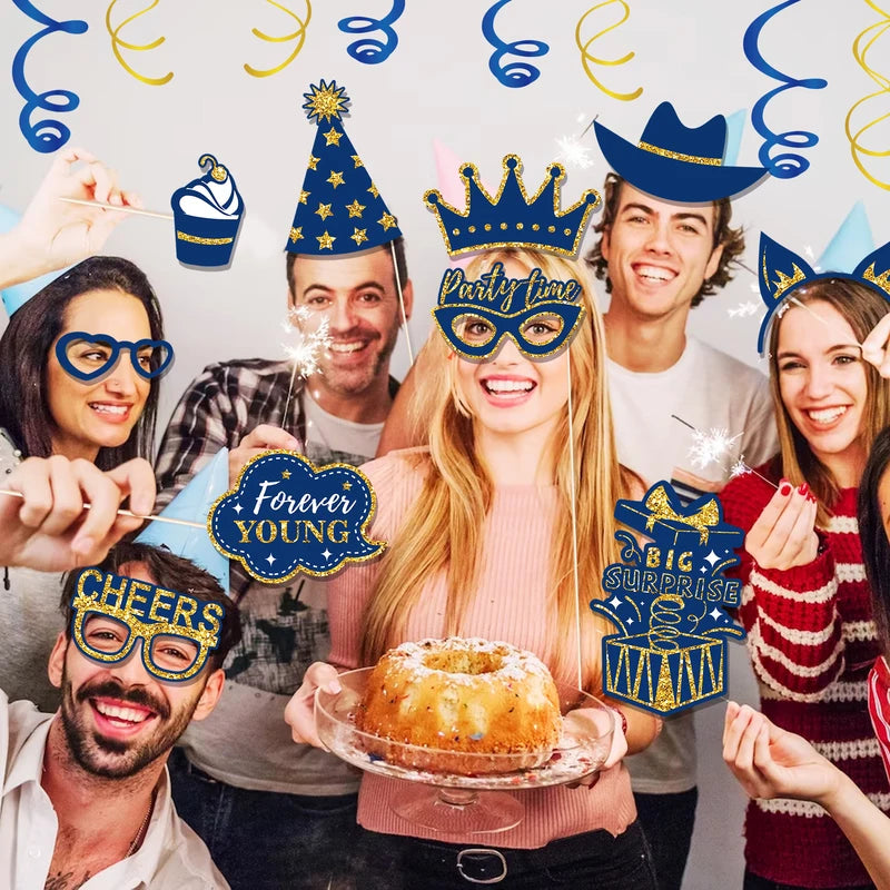 36PCS Happy Birthday Photo Booth Props Set with Shimmer Powder & Fun Glasses - DIY Party Accessories