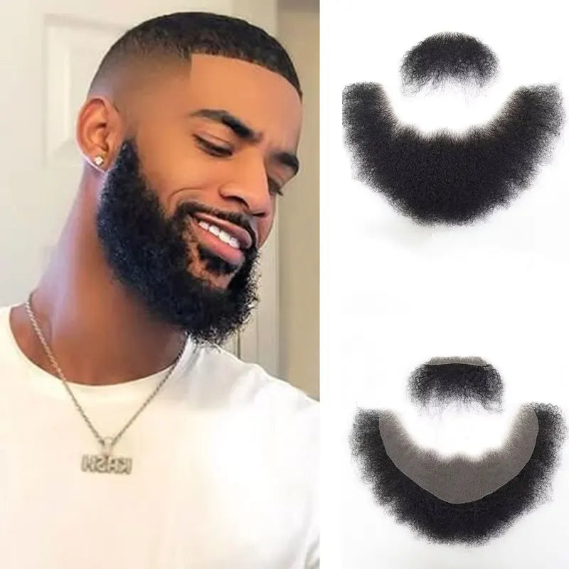 Black Afro Kinky Curly Fake Beard & Mustache for Men - Breathable Lace, Thick Facial Makeup