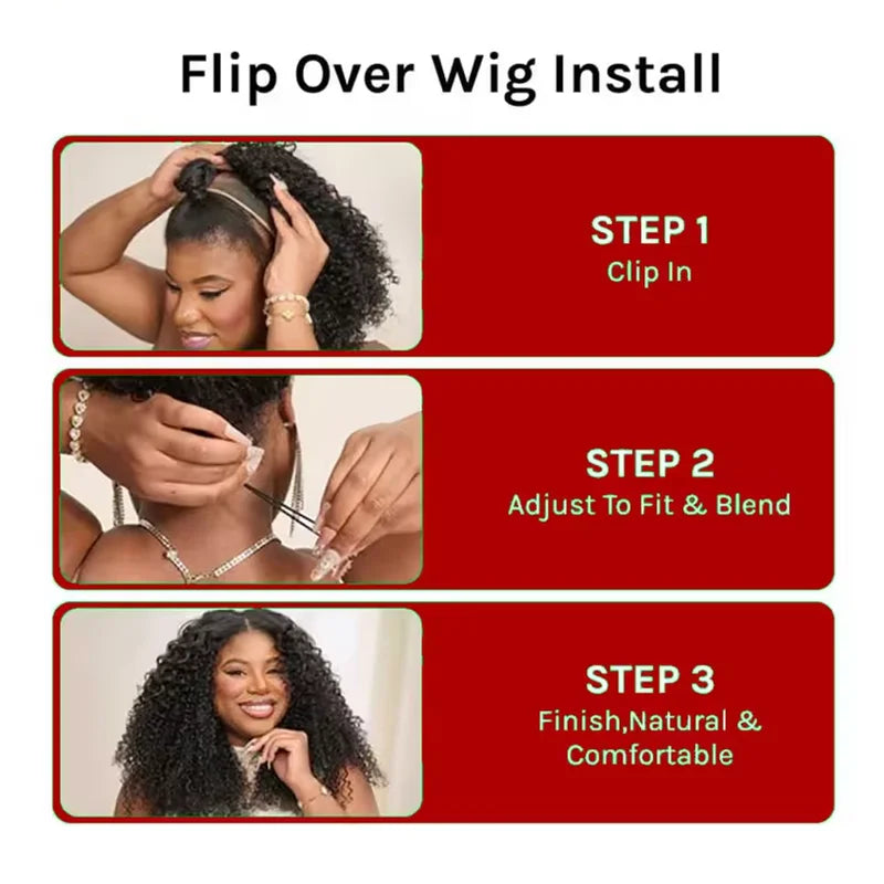 Kinky Curly Human Hair Half Wig 3-in-1 with Drawstring 16-22 Inch, 200 Density
