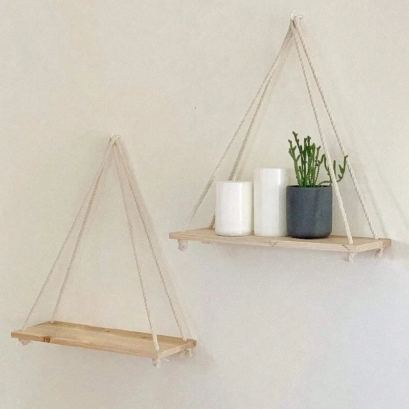 Wooden Floating Wall Shelf with Rope Hanging Plant & Decor Storage