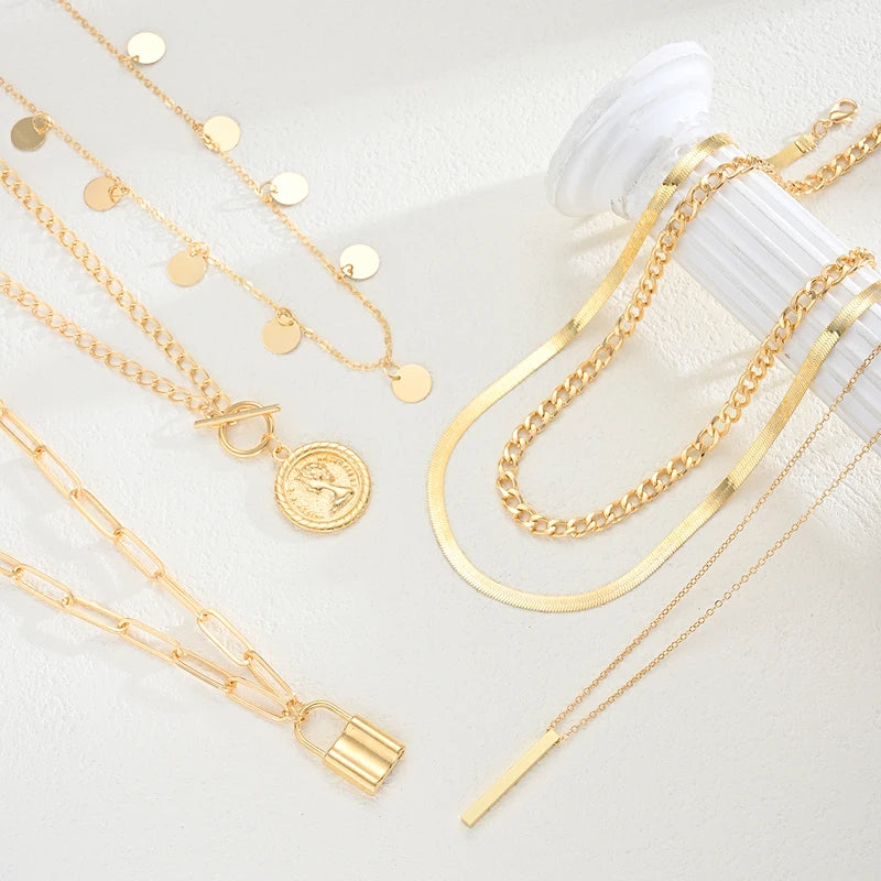 Vintage Multi-Element Pendant Necklace Set with Cross Lock Buckles - 6 or 3 Pieces