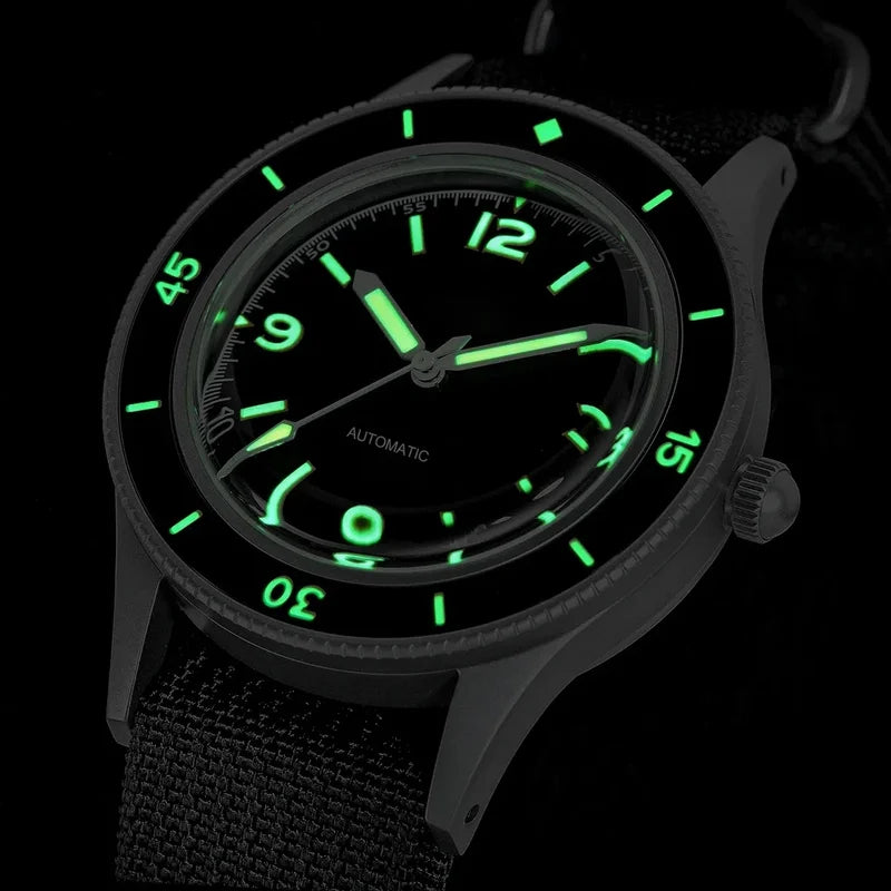 50-Fathoms Retro Black 40mm Sapphire Automatic Diver Watch with Green Luminous Bezel