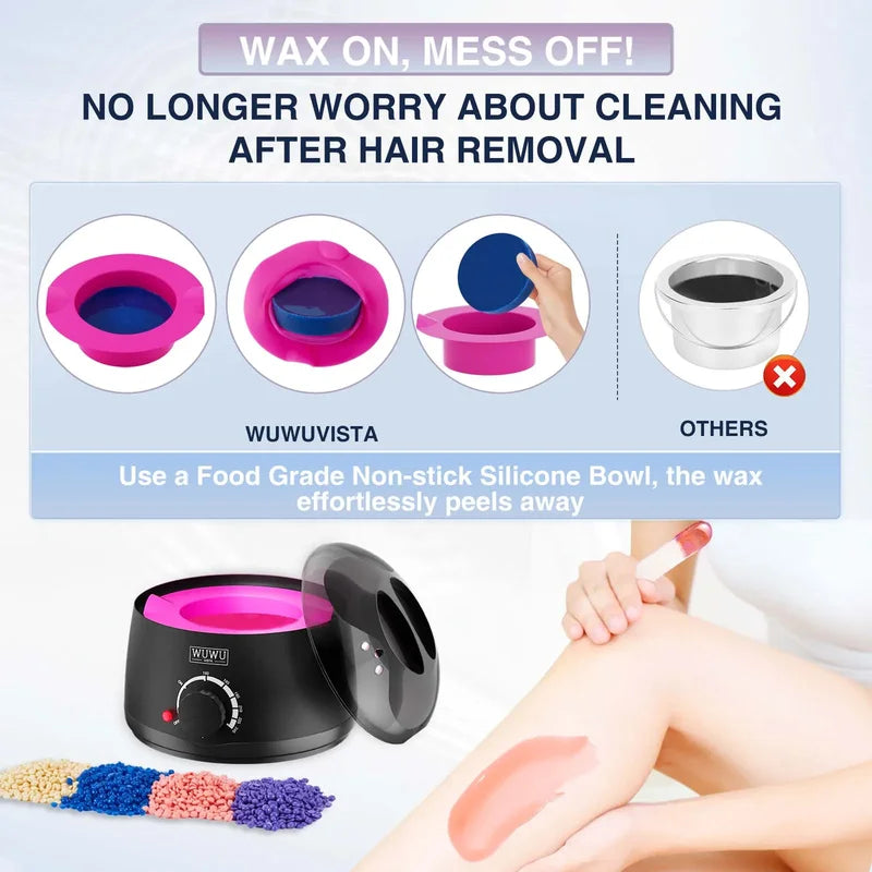 Hair Removal Waxing Kit with Warmer & Beads for Face & Body - UK Plug