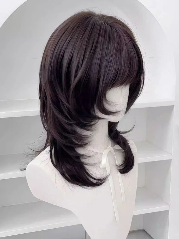 Synthetic Brown Black Medium Straight Wig with Bangs for Women - Natural Layered Style
